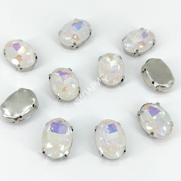 Стразы стекло пришивные в цапах в оправе, овал, 13 х 18 мм, цвет Crystal AB Opal, 10 шт в уп.