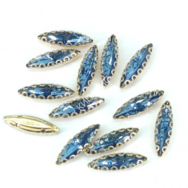 Стразы стекло пришивные в цапах, лодочка, 4 х 15 мм, цвет Aquamarine, 50 шт в уп.