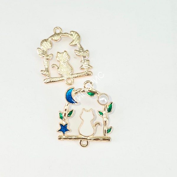 Коннектор с эмалью "Кошка,луна и звезда" для бижутерии 10 шт в уп, синий, 27.5 мм х 23 мм х 1.5 мм