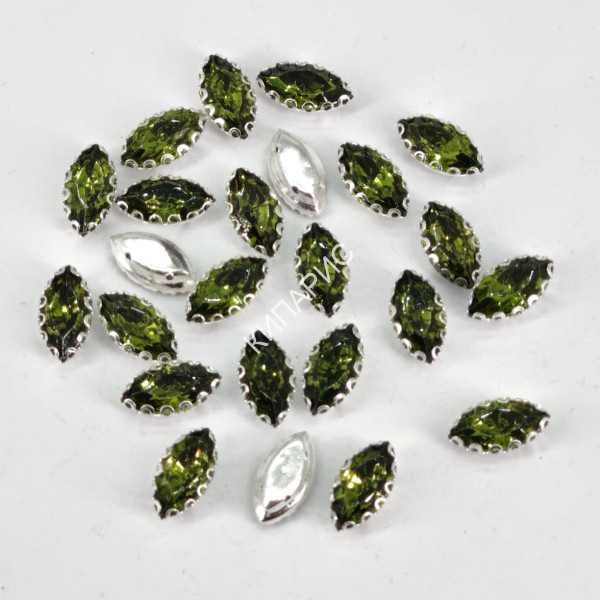 Стразы стекло пришивные в цапах, лист, 7 х 15 мм, цвет Olivine, 10 шт в уп.