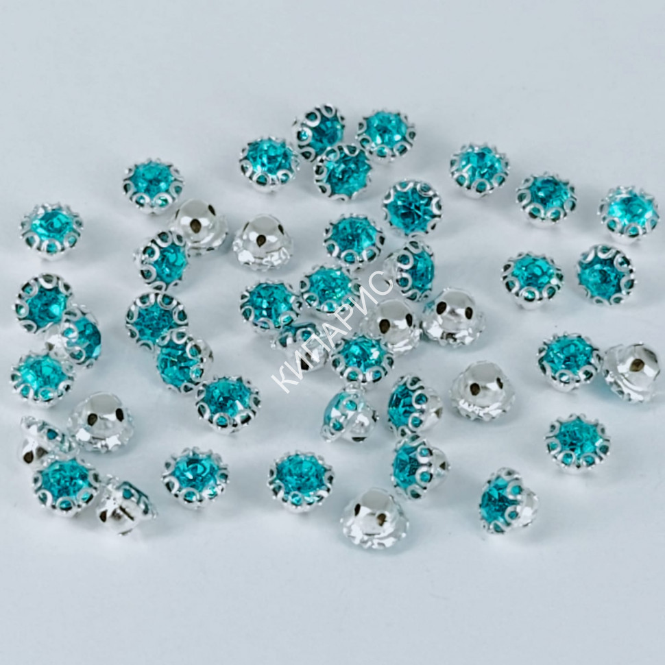 Стразы стекло пришивные в цапах, круглые, 4 мм, цвет Aquamarine, 50 шт в уп.