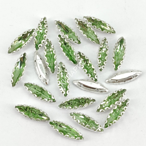 Стразы стекло пришивные в цапах, лодочка, 4 х 15 мм, цвет Peridot, 50 шт в уп.
