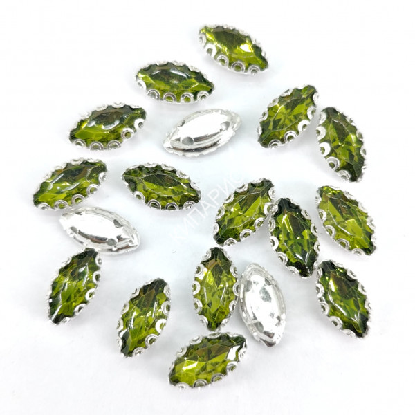 Стразы стекло пришивные в цапах, лист, 5 х 10 мм, цвет Olivine, 50 шт в уп.