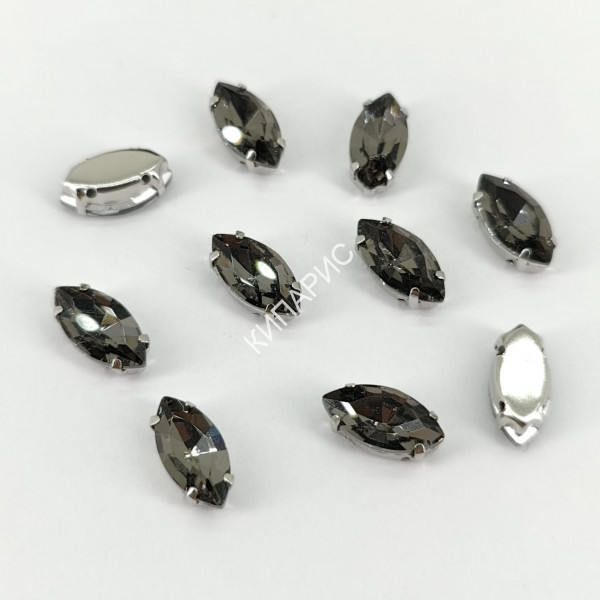 Стразы стекло пришивные в цапах в оправе, лист, 6 х 12 мм, цвет Black Diamond, 50 шт в уп.