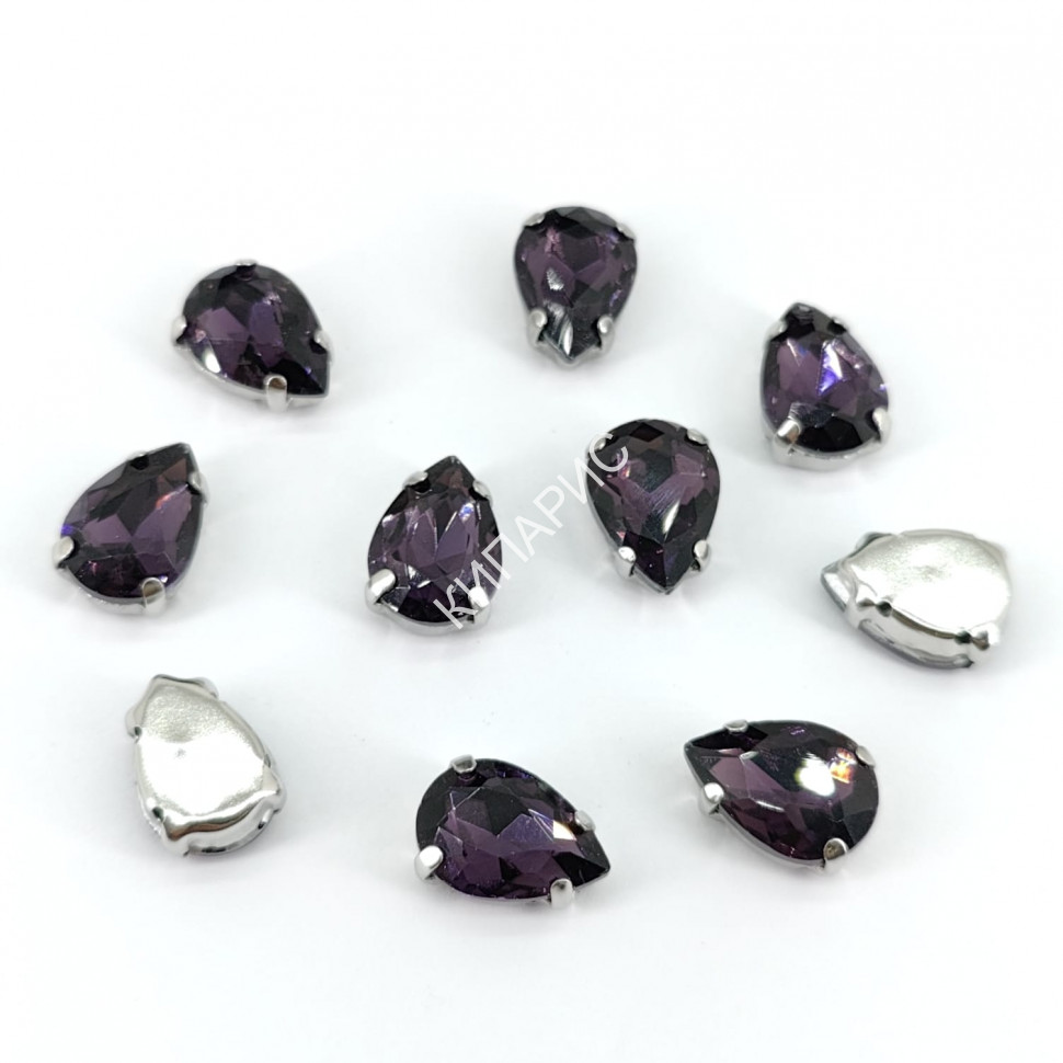 Стразы стекло пришивные в цапах в оправе, капля, 10 х 14 мм, цвет Purple Velvet, 50 шт в уп.