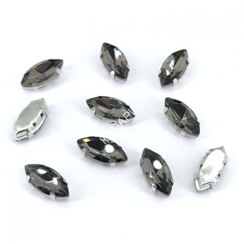 Стразы стекло пришивные в цапах в оправе, лист, 7 х 15 мм, цвет Black Diamond, 10 шт в уп.