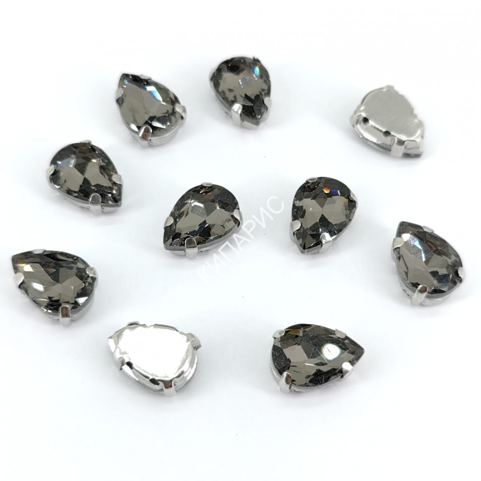 Стразы стекло пришивные в цапах в оправе, капля, 10 х 14 мм, цвет Black Diamond, 50 шт в уп.