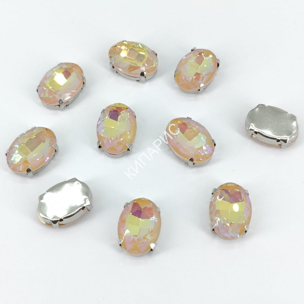 Стразы стекло пришивные в цапах в оправе, овал, 13 х 18 мм, цвет Light Peach Opal, 10 шт в уп.
