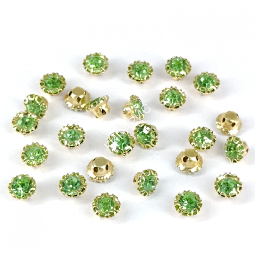 Стразы стекло пришивные в цапах, круглые, 5 мм, цвет Peridot, 50 шт в уп.